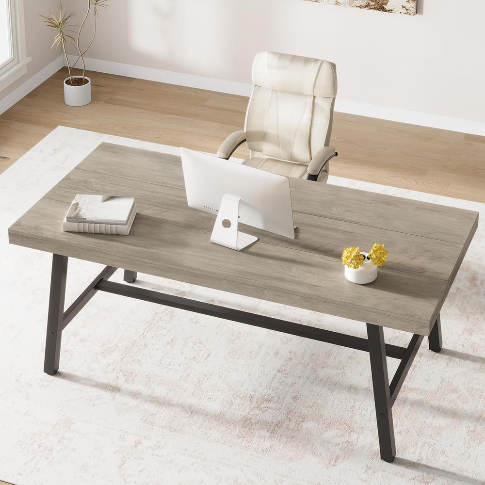 Desk Setup Grey - Extra Long Rustic Wooden Metal Desk,