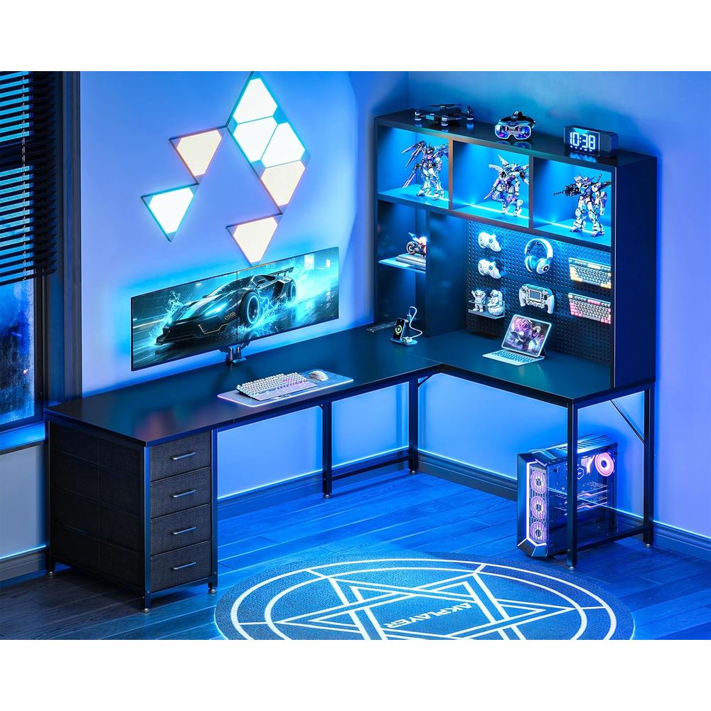 Desk Setup Black - 71 L-Shaped Gaming Desk with Hutch,