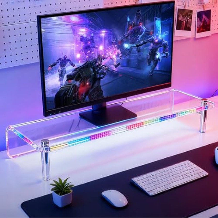 Desk Setup Monitor And Laptop - Acrylic Monitor Stand with WRGB Lights