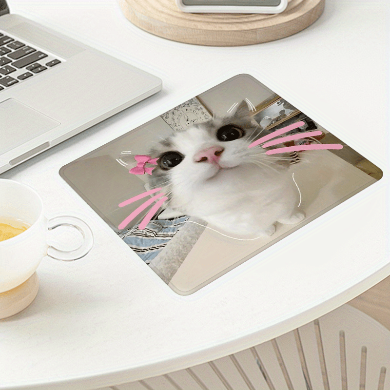 Desk Setup Grey - Cute Grey Cat with Pink Bow