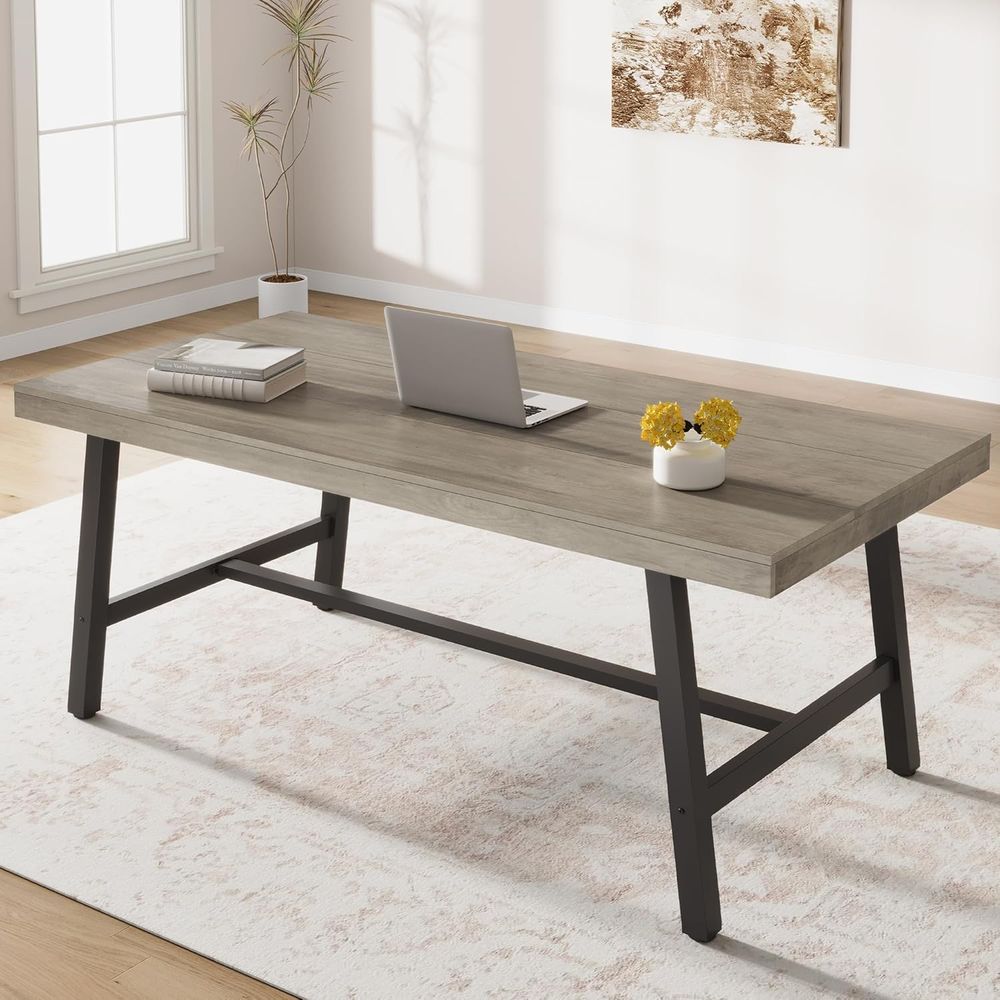 Extra Long Rustic Wooden Metal - Desk Setup Grey 评论和价格