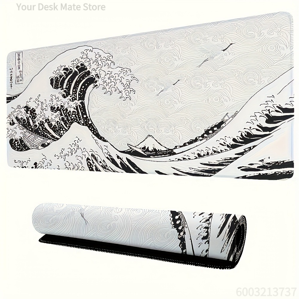 Black White Wave Art XXL Desk  - Desk Setup With Laptop 评论和价格