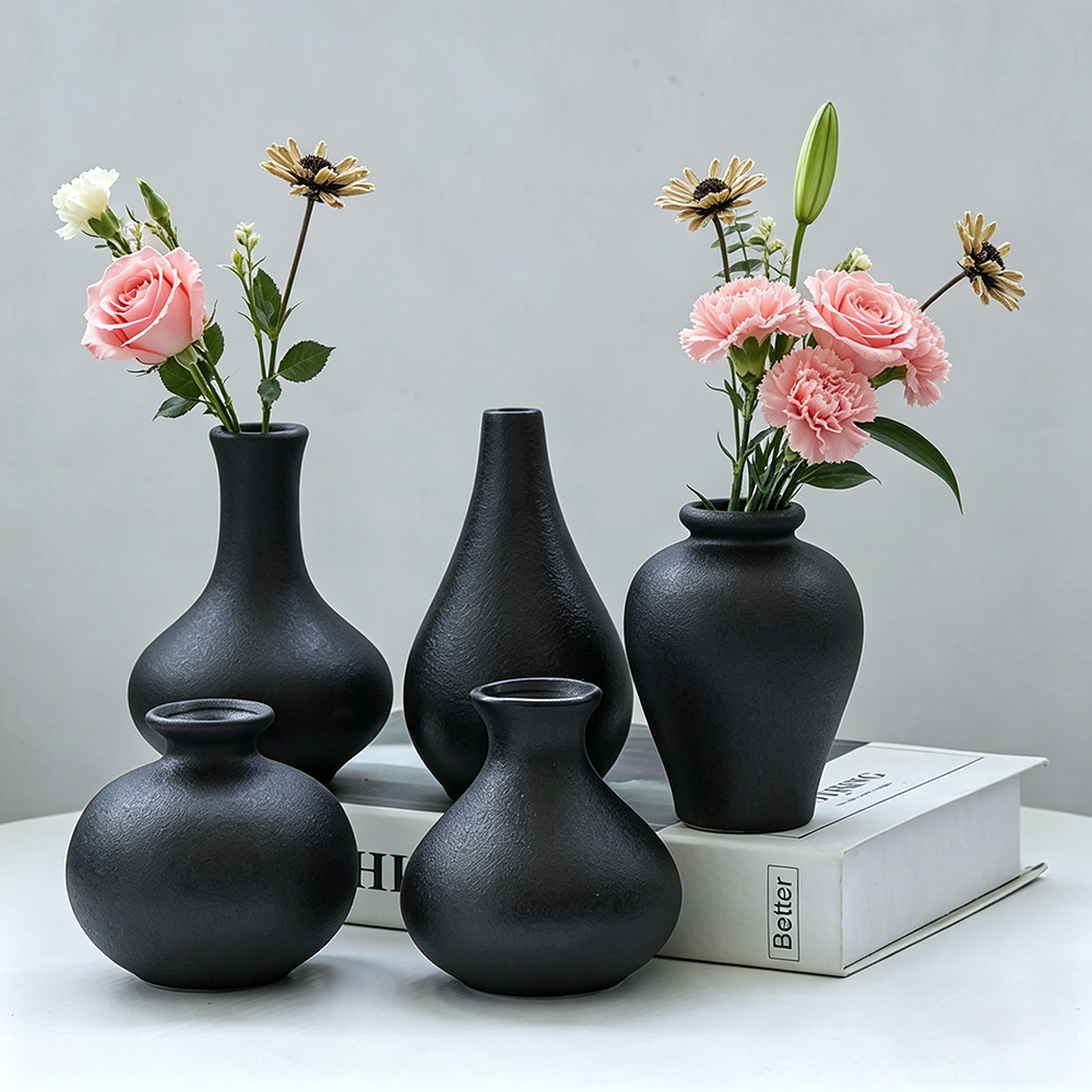 5Pcs Black Ceramic Vase Set Mo - Desk Setup Black 评论和价格