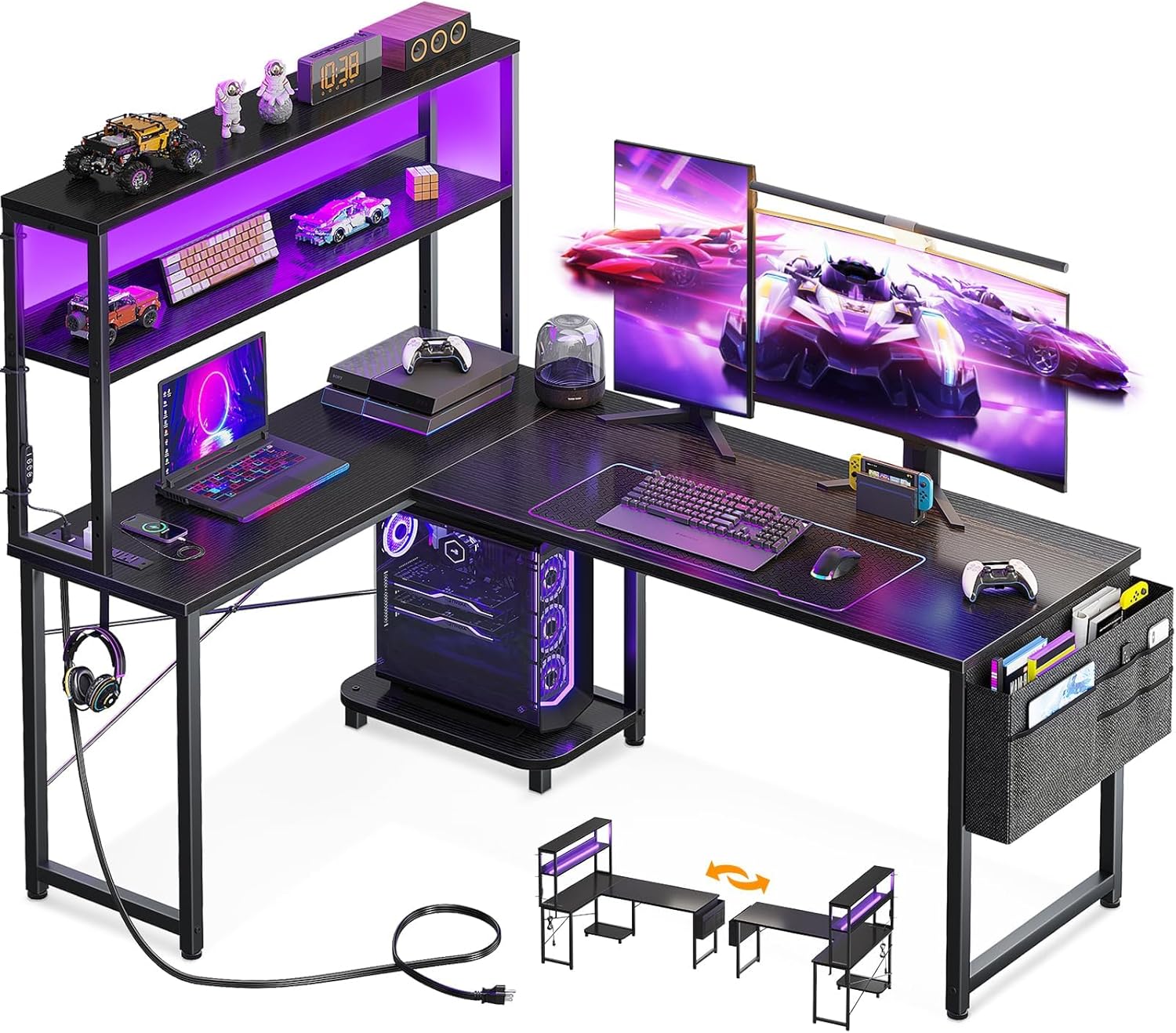 L Shaped Desk with LED Lights  - Desk Setup Black 评论和价格
