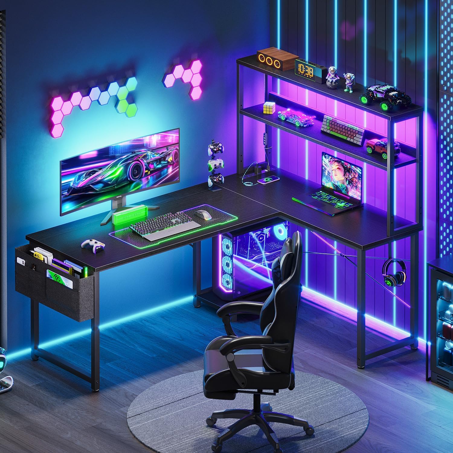 L Shaped Desk with LED Lights  - Desk Setup Black 评论和价格
