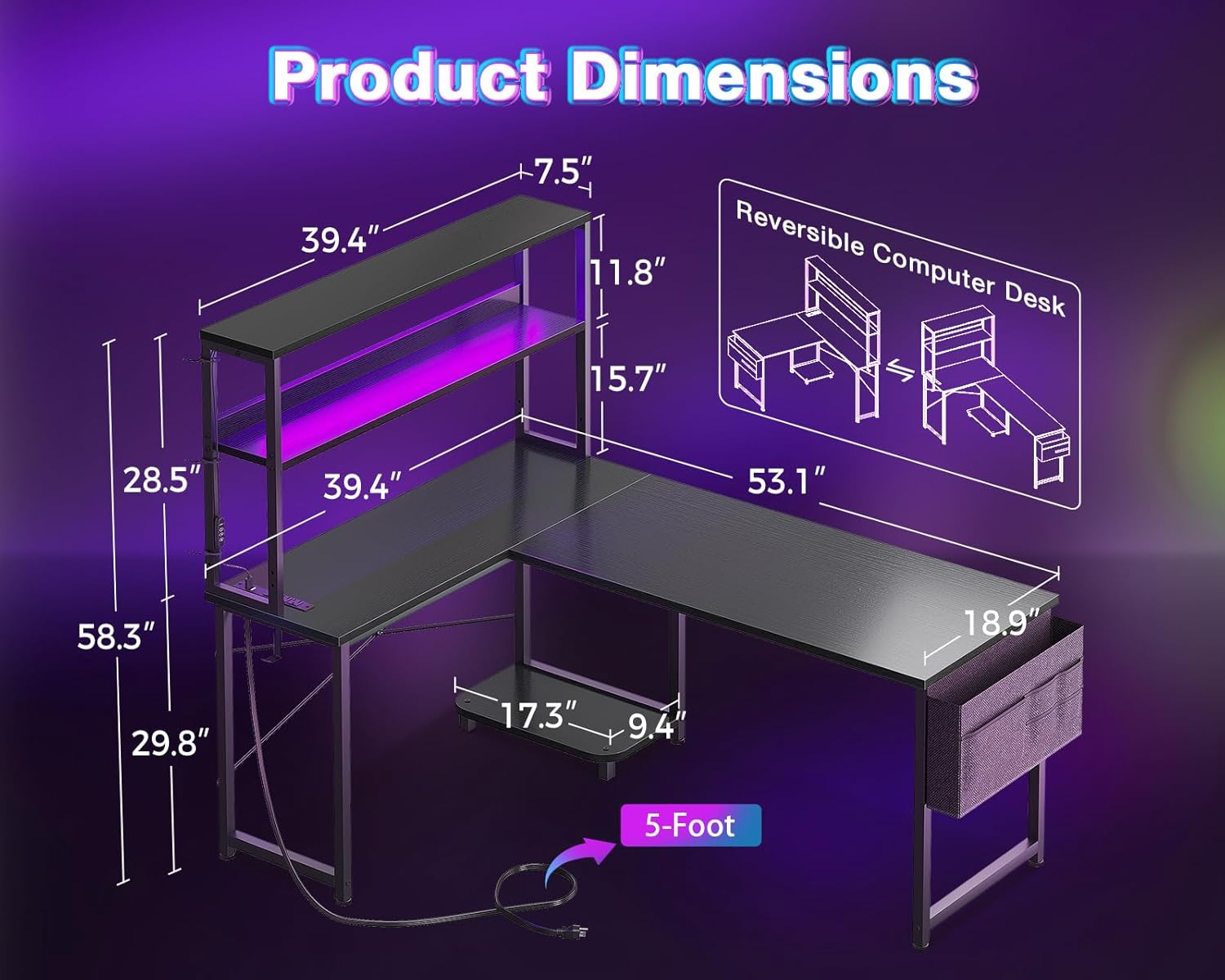L Shaped Desk with LED Lights  - Desk Setup Black 评论和价格